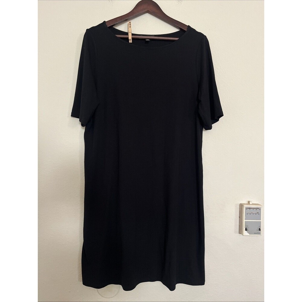 Eileen Fisher Short Sleeve Round Neck Jersey Viscose Tunic Top Dress Black SZ L
